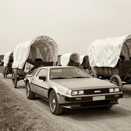 a monochromatic sepia photograph of a delorean in a group of covered wagons,