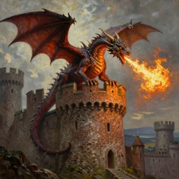 medieval fantasy oil painting, a european dragon is breathing fire upon a castle brick tower, high - readability, extremely detailed, sharp image