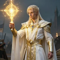 portrait of an aasimar man with platinum blonde hair wearing white and gold vestments under armor casting a holy ritual with golden magic on a battlefield, detailed, realistic, Greg Rutkowski, 4k, pensive, dungeons and dragons, dramatic lighting, trending on Artstation, sharp focus, elegant