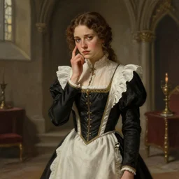 8k a noble household's medieval chambermaid in her early thirties light skin brown hair gentle eyes with a worrisome and compassionate personality, by Raymond Swanland Greg Rutkowski Lise Deharm, intricate, masterpiece, sharp, digital art, elegant regal posture, ArtStation, CGStation, 4k