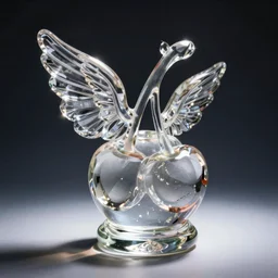 a transparent crystal glass statue of a cherry with wings, studio photography, in focus