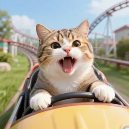 selfie of a shouting cat riding a roller - coaster, highly - detailed realistic award - winning