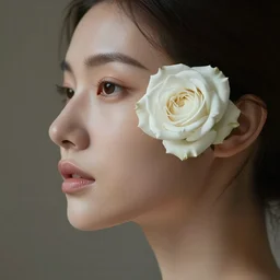 hight focus of a wonderful realistic sweet wonderful symmetrical profile portrait of a lady with a clear skin, she has a realistic white rose on her skin, dramatic light, cinematic, artstation, octane render 8 k s 1