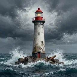 a lighthouse getting destroyed on a storm in the middle of the ocean, digital art, hyperdetailed, art by greg rutkowski, trvor henderson