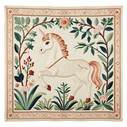 Embroidered Central Asian tapestry depicting a unicorn in the garden of Eden