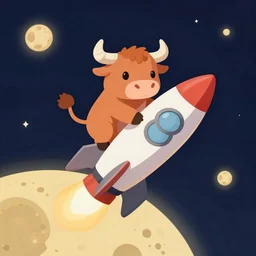 a cartoon bull riding a hyper realistic rocket to the moon, cell shaded, flat lighting