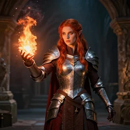 8 k uhd an elven priestess with grey eyes and red hair wearing an armor and casting a fire spell in a dungeon,