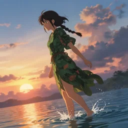 anime woman from thailand walking through shallow water, hair tied and braided loosely, jungle gown,  sunset, dramatic angle, hopeless, dynamic pose, 8k hdr pixiv dslr photo by Makoto Shinkai ilya kuvshinov and Wojtek Fus, digital art, concept art, beautiful clouds