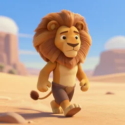 antropomorphic lion warrior as nendoroid walking in a desert in the croods movie style, anime, disney, pixar, 8 k, hd, dof, kodak film, volumetric lighting, subsurface scattering, photorealistic, octane render, details