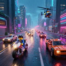 motorcycles and cars on a cyberpunk tron legacy highway, skyscrapers, rain, neon street lights, dense traffic, helicopter chase. lego movie still