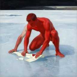 red man being peeled by the surface of the ice, artwork by james ensor and odlion redon