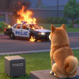 a shiba inu watches a police car burn in the sims