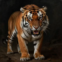 A dark, brooding painting of a snarling tiger in the style of Salvador Dali, high-quality, professional, dramatic lighting, extremely high detail, trending on artstation