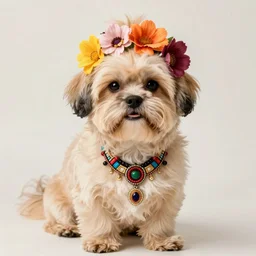 cream - colored havanese dog wearing an ornate african necklace, a headpiece made from flowers, soft light colored background, intriguing pose, photo by tyler mitchell