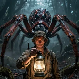 in the foreground a close - up view of an explorer holding a lamp in front of him, in the background an enormous monstrous spider right behind, dramatic lighting, low angle, wide angle, creepy, horrific, realistic, fantasy art, highly detailed digital art