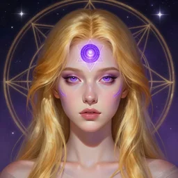 portrait of a gallent girl with glowing purple third eye chakra and golden hair, geometric third eye triangle, sci - fi face, sacred geometry mandal background, breathtaking stars, elegant, highly detailed, digital painting, artstation, concept art, smooth, sharp focus, spiritual art, art by artgerm and greg rutkowski and alphonse mucha, acid pixie