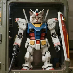 cat inside a gundam, mecha suit, realistic cat, military, 4 k, movie still,