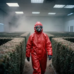 cinestill 5 0 d photographic portrait by helen levitt of dark red hazmat scientists walking through a brutalist hedge maze, extreme closeup, cinematic, modern cyberpunk, dust storm, office ceiling panels in the sky, 8 k, hd, high resolution, 3 5 mm, f / 3 2, tenet