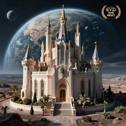 artdeco landscape on an alien planet, castle designed by Syd Mead and Frank Lloyd Wright, surrealism