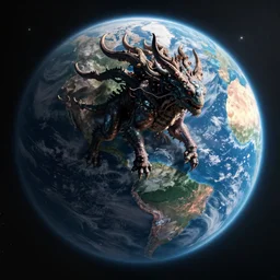 gigantic eldritch creature in space consuming planet earth, detailed, realistic, digital art, artstation