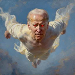 Joe Biden flying in the sky as a divine god, Biden has glowing red eyes, oil painting