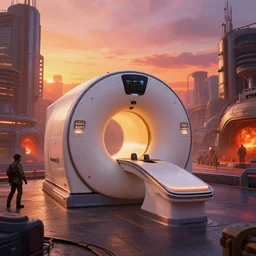 a space portal mri machine bulbous zaha hadid space-station city street interior inspired by a nuclear reactor submarine and maschinen krieger, ilm, beeple, star citizen halo, mass effect, 2001 space odyssey, elysium, iron smelting pits, warm saturated colours, atmospheric perspective, dramatic sunset