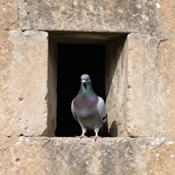 a pigeon standing inside a rectangular embrasure inside a medieval wall
