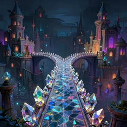 magic crystal bridge, ancient city, colorfully, dark mood, detailed illustration, dark climate, digital art, highly saturated colors, overdetailed art, concept art, detailed illustration, hd, 4 k, digital art, greg, dan mumford, rutkowski, wlop, trending on artstation