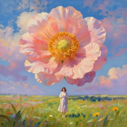 giant flower head, frontal, woman standing in field, surreal photography, colorful clouds, impressionist painting, digital painting, artstation, rob gonsalves