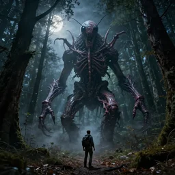 embodiment of insectile cosmic horror an insect forest god towering over a terrified hiker in a moonlit forest clearing, corporeal chitinous flesh spun solid from beam and vapour. dirt, grime, leaf litter, epic composition large scale octane render digital art sharp focus night time eerie 4 k