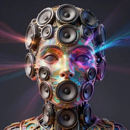 highly detailed surreal vfx portrait of a 3 d human head made of stacks of recursive speakers. polyphonic prismatic joy & ecstasy, vibrant vibrations, pulse projections, sonic love, ornate, hyperrealistic, octane render, inspired by james jean, android jones, beeple, rhads, alphonse mucha, frostbite 3 engine