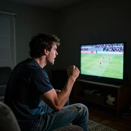 an angry football fan watching a football game, dark and filthy room, pitch black and lit only by the television