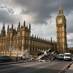 big ben falling over onto its side after a controlled demolition