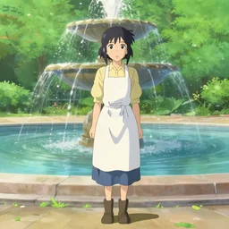 a full body portrait of a young woman wearing a white apron standing in front of a fountain in a park, makoto shinkai,  very detailed, by William-Adolphe