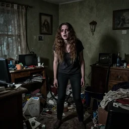 a woman with adhd - ip sweeps in her messy house. she is overwhelmed. folk horror. detailed.