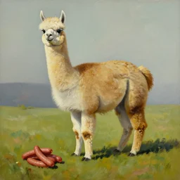 a hyperrealist painting of an alpaca that has sausages instead of legs. below the alpaca are sausages. in the style of hopper