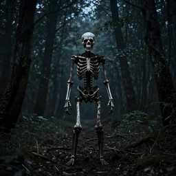 dark skeleton, covered in dirt, in the distance, standing in a forest at night with ominous lighting