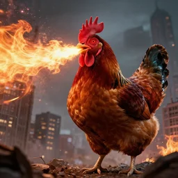 a massive chicken, with red glowing eyes, destroying the city with a fire breath