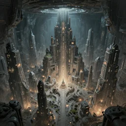 stunning concept art for an underground city by kim Jung gi, hyper-detailed, professional illustration