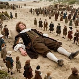 the gigantic clothed body of gulliver, a young man from the early 1 7 th century, lies unconscious on a lilliputian beach, surrounded by thousands of tiny lilliputians wearing strange clothes. gulliver is dressed in early 1 7 th century male clothing designed in the style of sandy powell. hyperreal and cinematic, photorealistic, gulliver ’ s travels