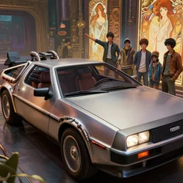 closeup of time machine solarpunk delorean lamborghini retrofuture infinity with metal hoses and carburetors, unreal engine, greg rutkowski, loish, rhads, beeple, makoto shinkai and lois van baarle, ilya kuvshinov, rossdraws, tom bagshaw, alphonse mucha, global illumination, detailed and intricate environment