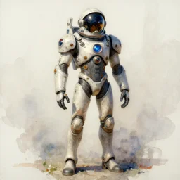 male, full body, modern space suit, intriguing helmet, very stylized character design, large shoulders, short torso, long thin legs, tiny feet, science fiction, hyperdetailed, technical suit, dieselpunk, watercolor digital painting, in the style of mike mignola, by alex maleev, jean giraud, painted by leyendecker