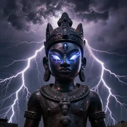 shango, african god of thuder with electric eyes, violent thunderstorm!!, dim light, front game card, marvel comics, dark, intricate, highly detailed, smooth, artstation, digital illustration by ruan jia and mandy jurgens and artgerm and wayne barlowe and greg rutkowski and dan mumford