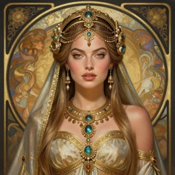 Margot Robbie as an Persian Warrior Goddess, cute, fantasy, intricate, elegant, highly detailed, digital painting, 4k, HDR, concept art, detailed jewelry, smooth, sharp focus, head and waist potrait, art by Artgerm and H R Giger and Greg Rutkowski and Alphonse Mucha
