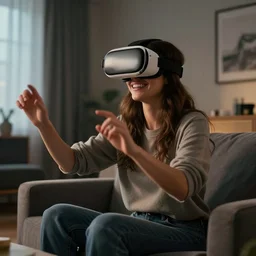 paparazzi photo of a woman smiling wearing a vr headset in a sitting room, dynamic shot, high quality, dramatic lighting, high definition, movie scene
