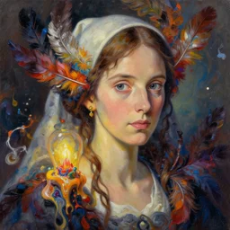 close - up portrait of florence nightingale by h hering with intricate detailed color smashing fluid oil paint and acrylic morphing into color feathers, melting wax, lamp light, abstract impressionism, ruan jia, fantasy, hyper detailed, concept art, by peter mohrbacher and studio ghibli