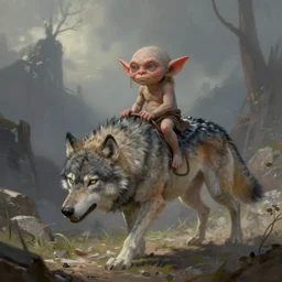 Tiny Goblin with no legs riding a giant wolf, digital painting, 8k, HD