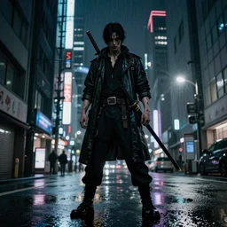 low - angle, yakuza abdefa, in tokyo japan, katana on his back | downtown tokyo, wet streets, rain, night, streetlights | mystery, scary, scarred | cyberpunk, raytracing, futurism, fantasy, highly detailed, trending on artstation, sharp focus | art by artgerm, greg rutkowsky, magali villeneuve'