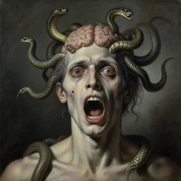 a painting of a decapitated screaming man's withered face with serpents swarming out of his brain, a surrealist painting, polycount, surrealism, surrealist, lovecraftian, cosmic horror