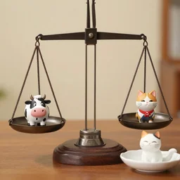 set of libra balance scales with weights, weighing pixar cow figurine and pixar cat figurine in dish